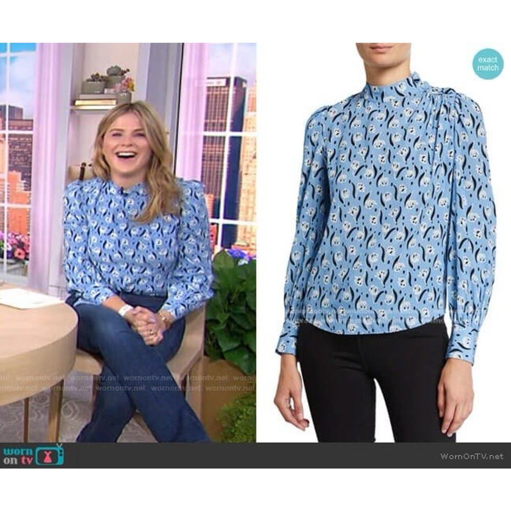 Veronica Beard Long Sleeve Silk Blouse Mock Neck Blue Floral Size 2‎ Seen on TV